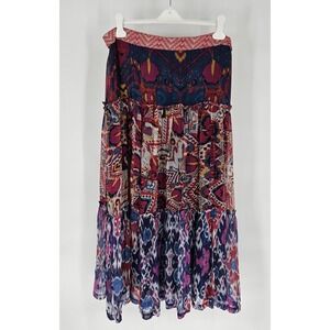 Sundance Ikat Print Tiered Cupro Midi Skirt Pink Blue Boho Petite XL PXL